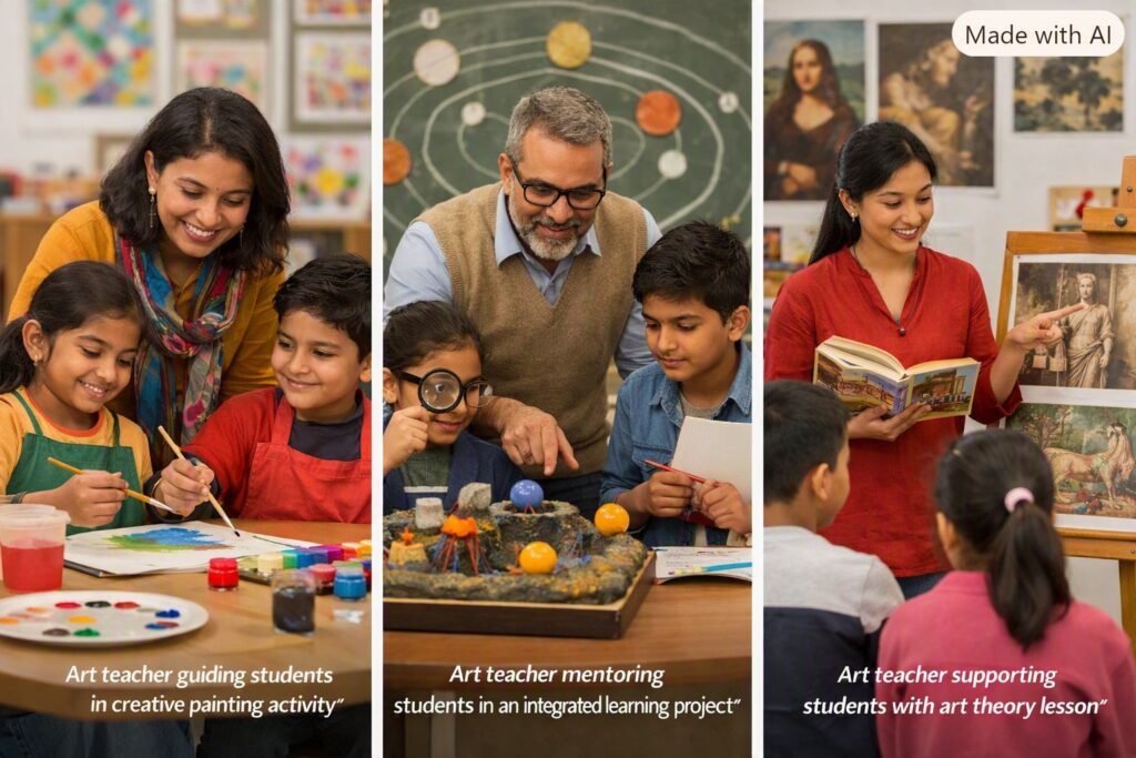 Indian art teacher guiding students in creative painting activity in a colorful classroom.